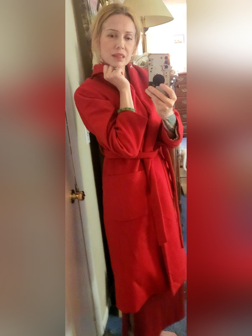 J CREW RED WOOL/CASHMERE WRAP/TIE 3/4 LENGTH COAT, XS